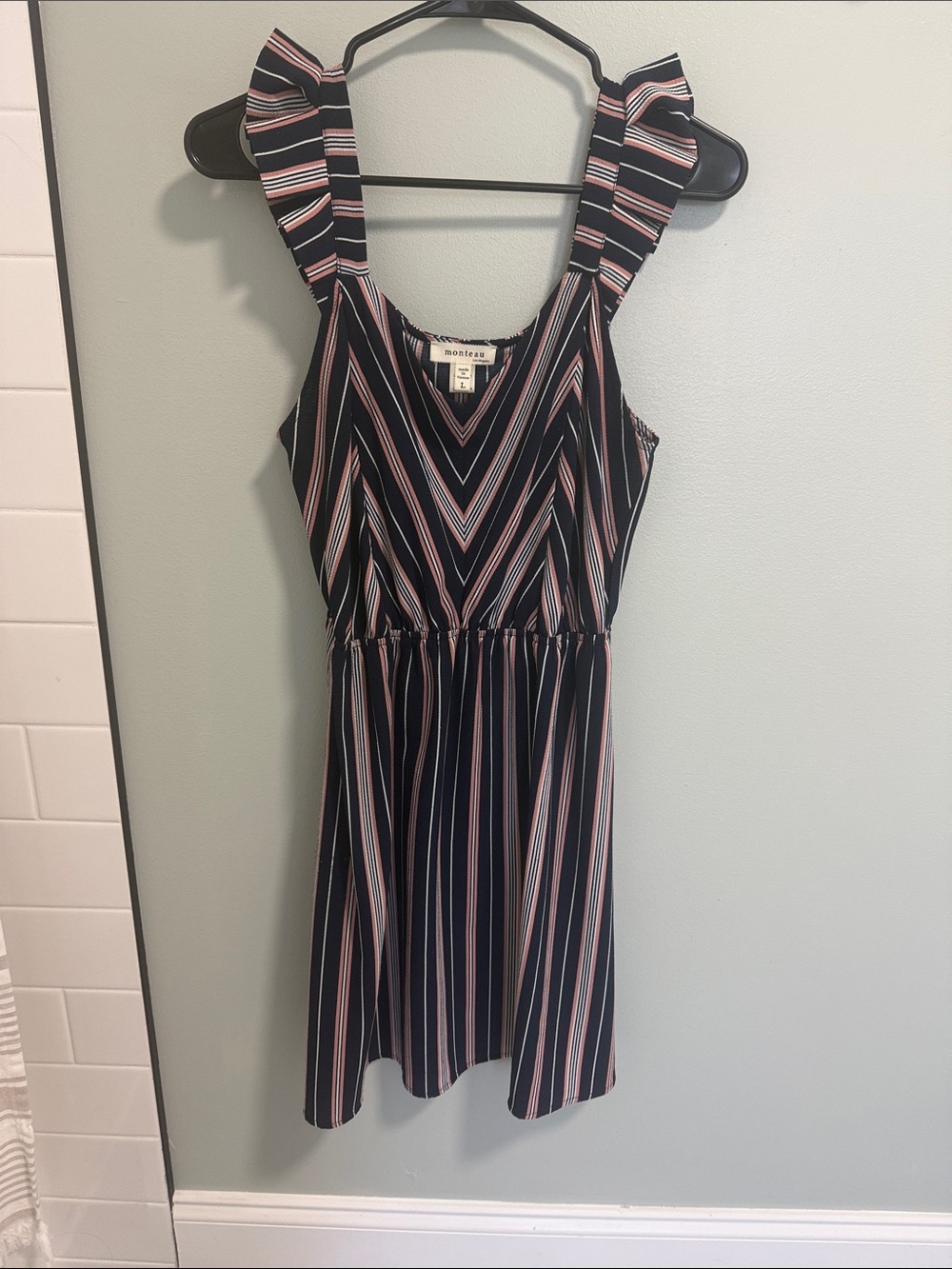 Monteau Navy, Pink & White Striped Ruffle Strap Mini Dress